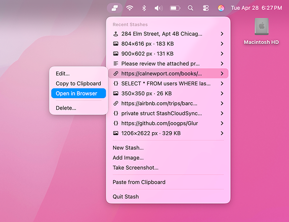 Stash menu bar popover with recent saves and actions
